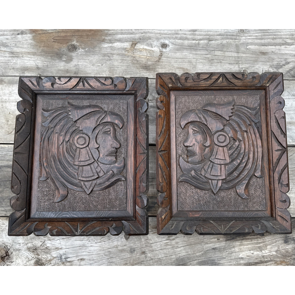 Vtg Hand Carved Tribal Aztec Mayan Wall Calendar Plaque Wood Art Decor Set of 2